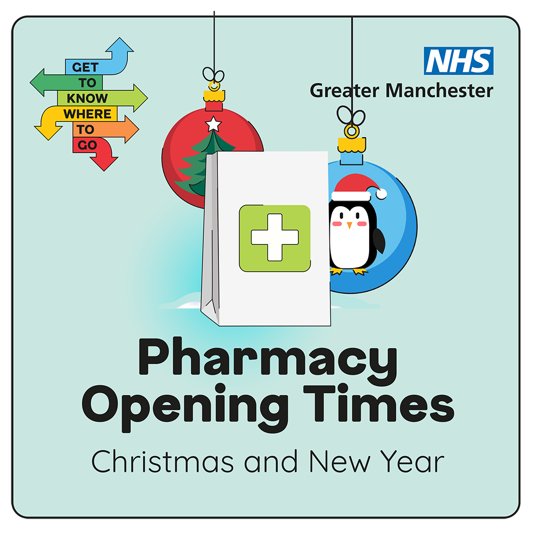 Visual contains a cartoon of a white paper pharmacy bag, sitting on some snow. A stack of arrows pointing in different directions contains the words get to know where to go.  Text reads: Looking for a Pharmacy.  Get to know where to go.  Logo: NHS Greater Manchester