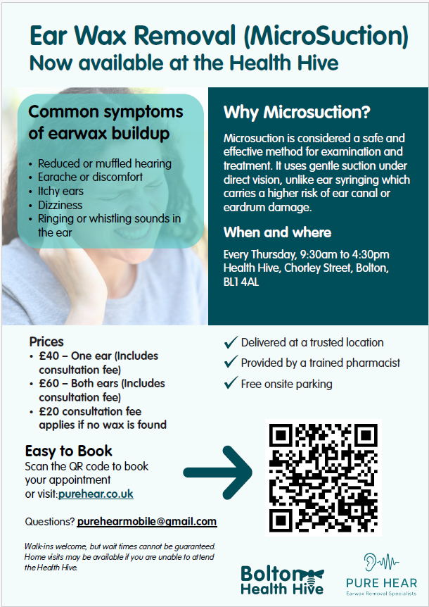 New Earwax Removal (Microsuction) Service at the Bolton Health Hive – Starting 26 Feb 2026