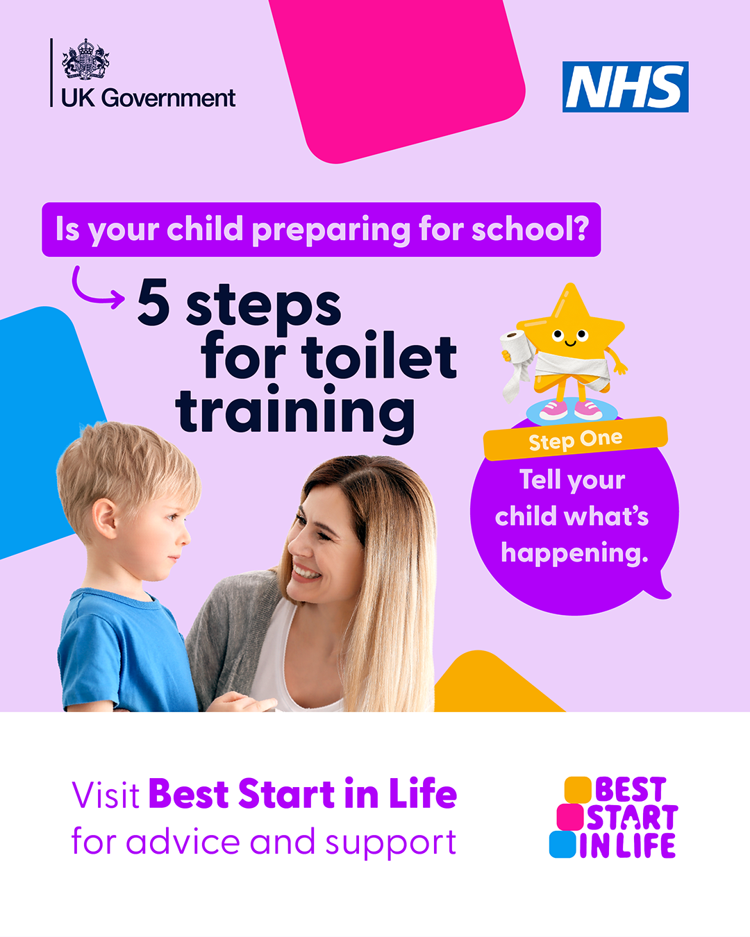 Best Start in Life graphic promoting toilet training before starting school.  The graphic highlights step one: "Tell you child what's happening" and directs parents to Best Start in Life for advice and support.