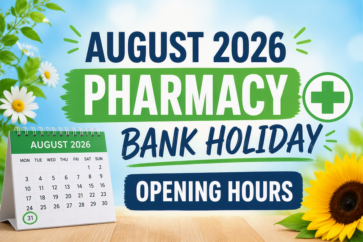 Blue flower background with the words August 2026 Pharmacy Bank Holiday Opening Hours with a picture of a calendar and a sunflower in the foreground